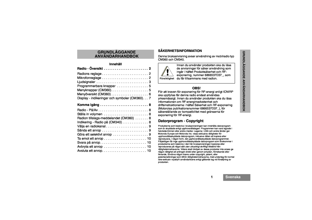 Motorola CM340, CM360 Grundläggande Användarhandbok, Datorprogram - Copyright, 1Svenska, Innehåll, Säkerhetsinformation 