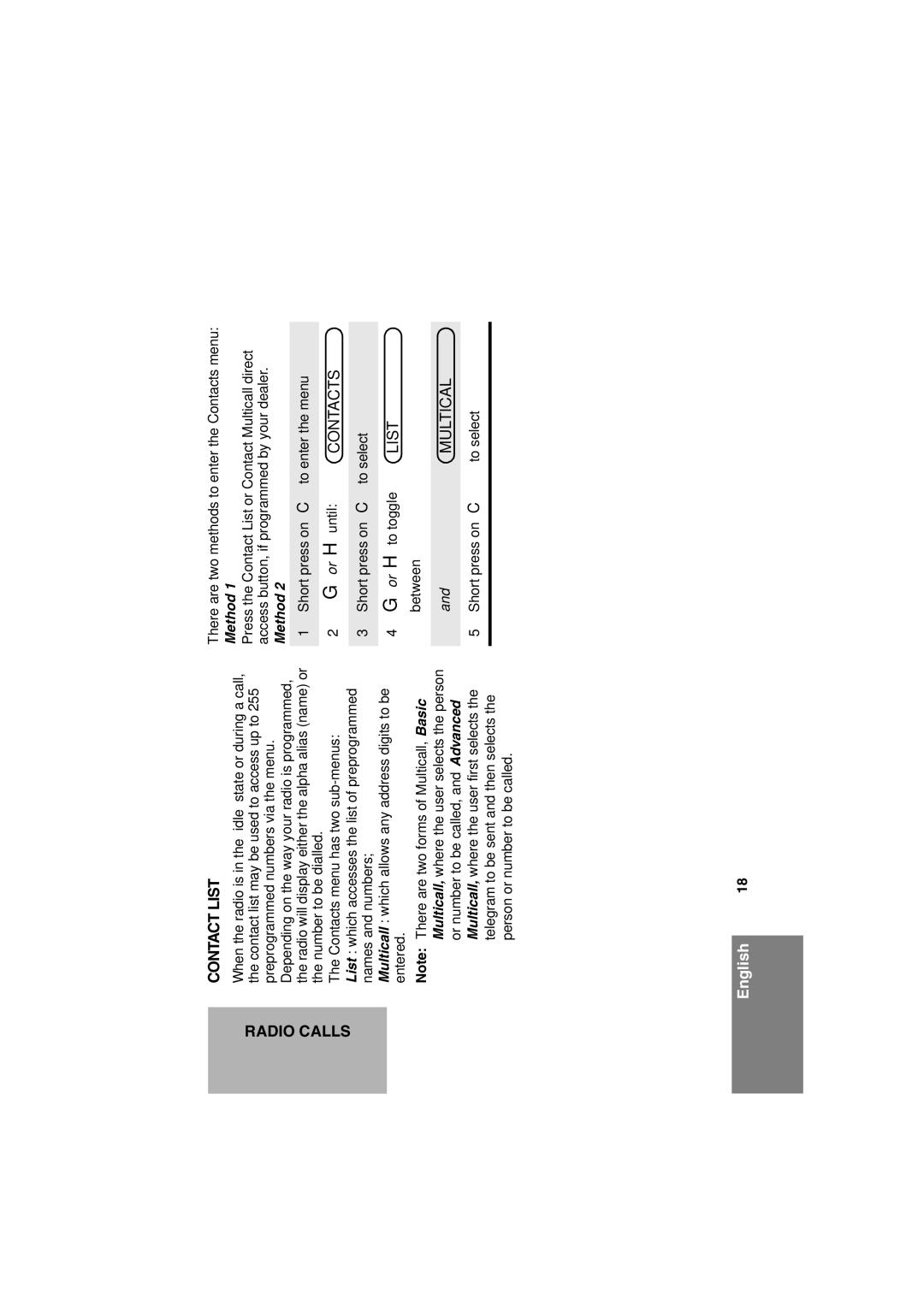 Motorola CM360 manual Radio Calls Contact List, Contacts, Multical 