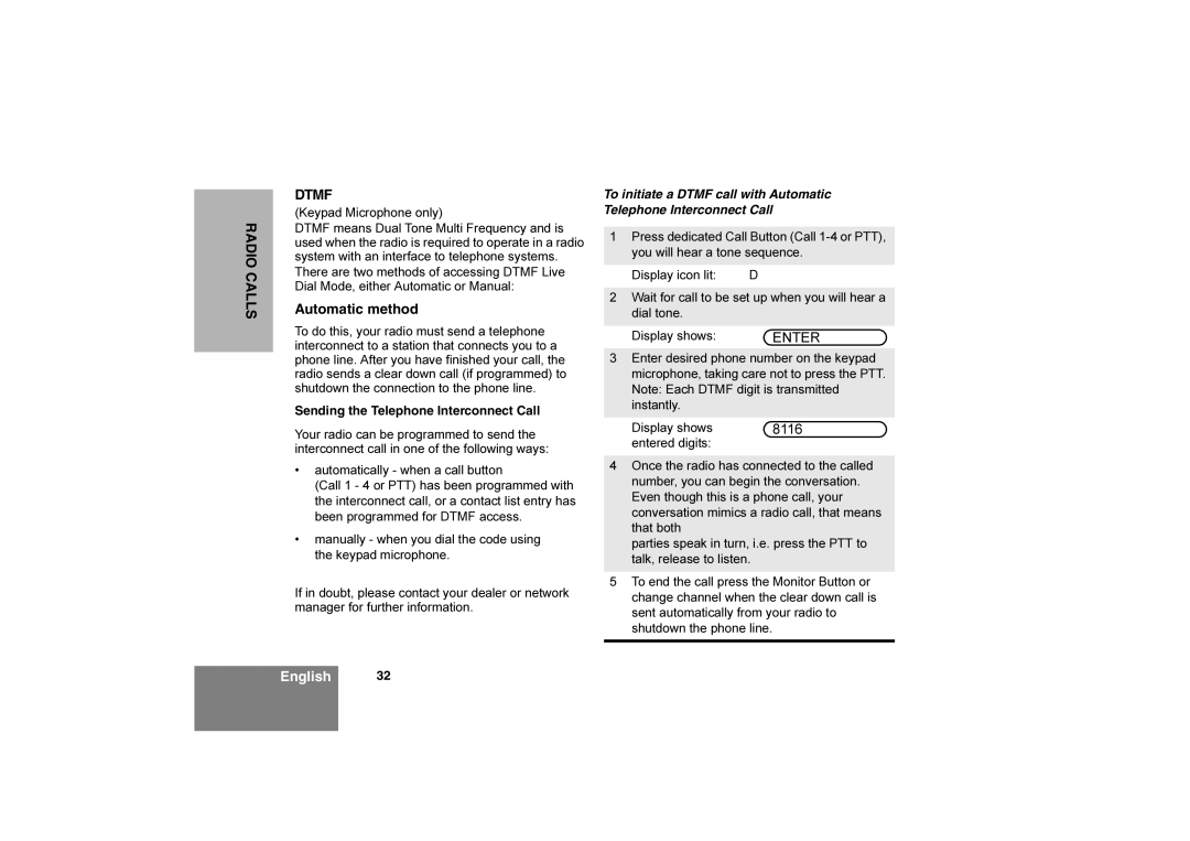 Motorola CM360 manual Radio Calls Dtmf, Automatic method, Enter, 8116, Sending the Telephone Interconnect Call 