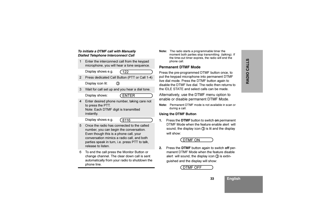 Motorola CM360 manual 122, Permanent Dtmf Mode, Dtmf on, Dtmf OFF, Using the Dtmf Button 