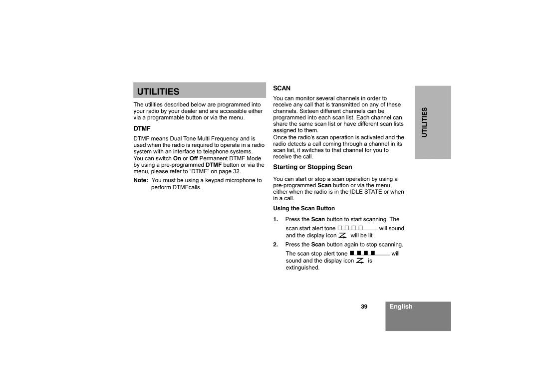 Motorola CM360 manual Starting or Stopping Scan, Utilities, Using the Scan Button 