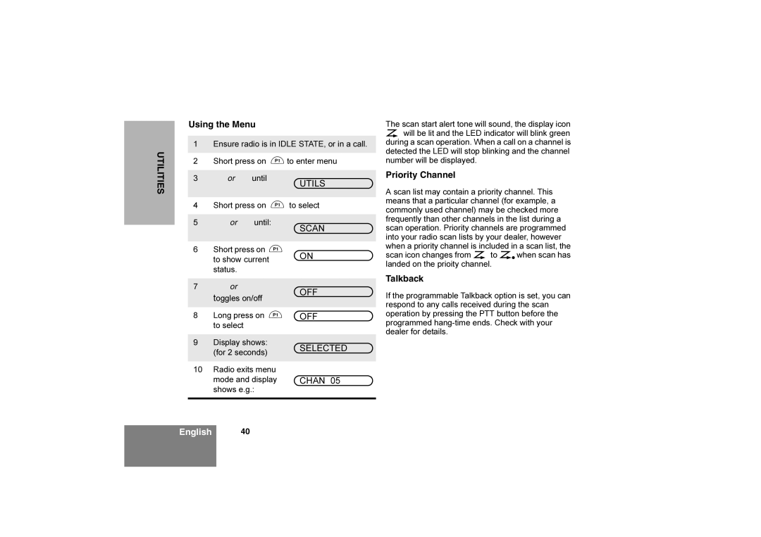 Motorola CM360 manual Scan, Priority Channel, Talkback 