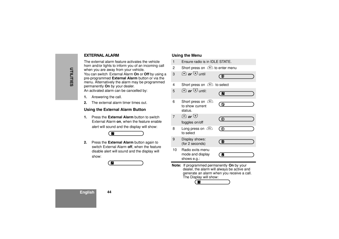 Motorola CM360 manual Utilities External Alarm, Using the External Alarm Button Using the Menu 