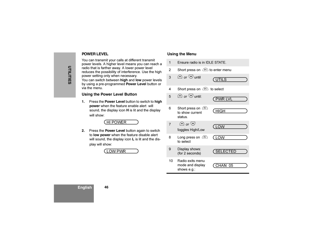 Motorola CM360 manual Utilities Power Level, Using the Power Level Button 