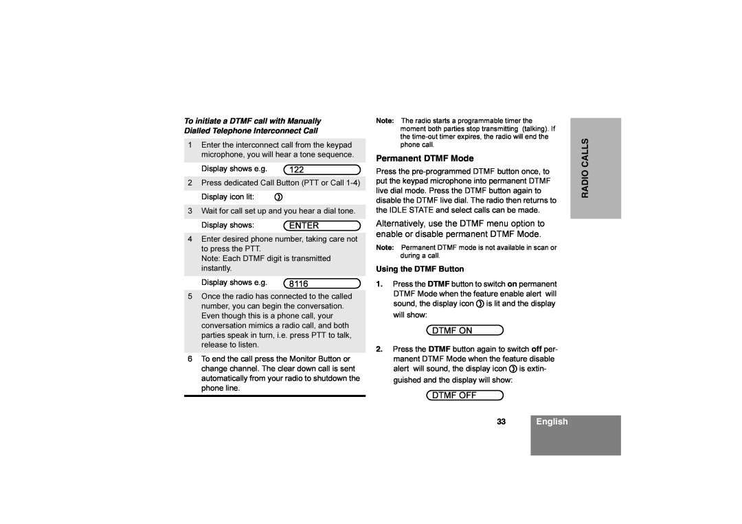 Motorola CM360 manual 33English, Permanent DTMF Mode, Radio Calls 