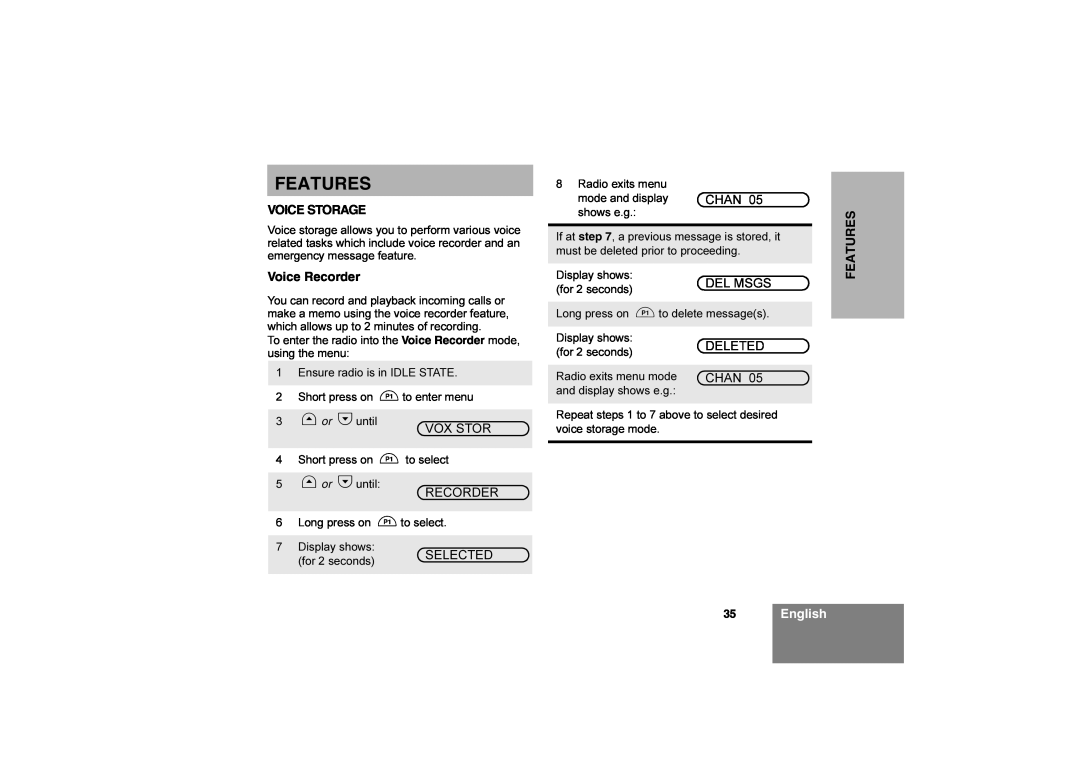 Motorola CM360 manual Features, 35English, Voice Storage, Voice Recorder 