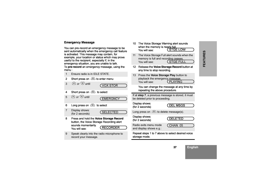 Motorola CM360 manual 37English, Emergency Message, Features 