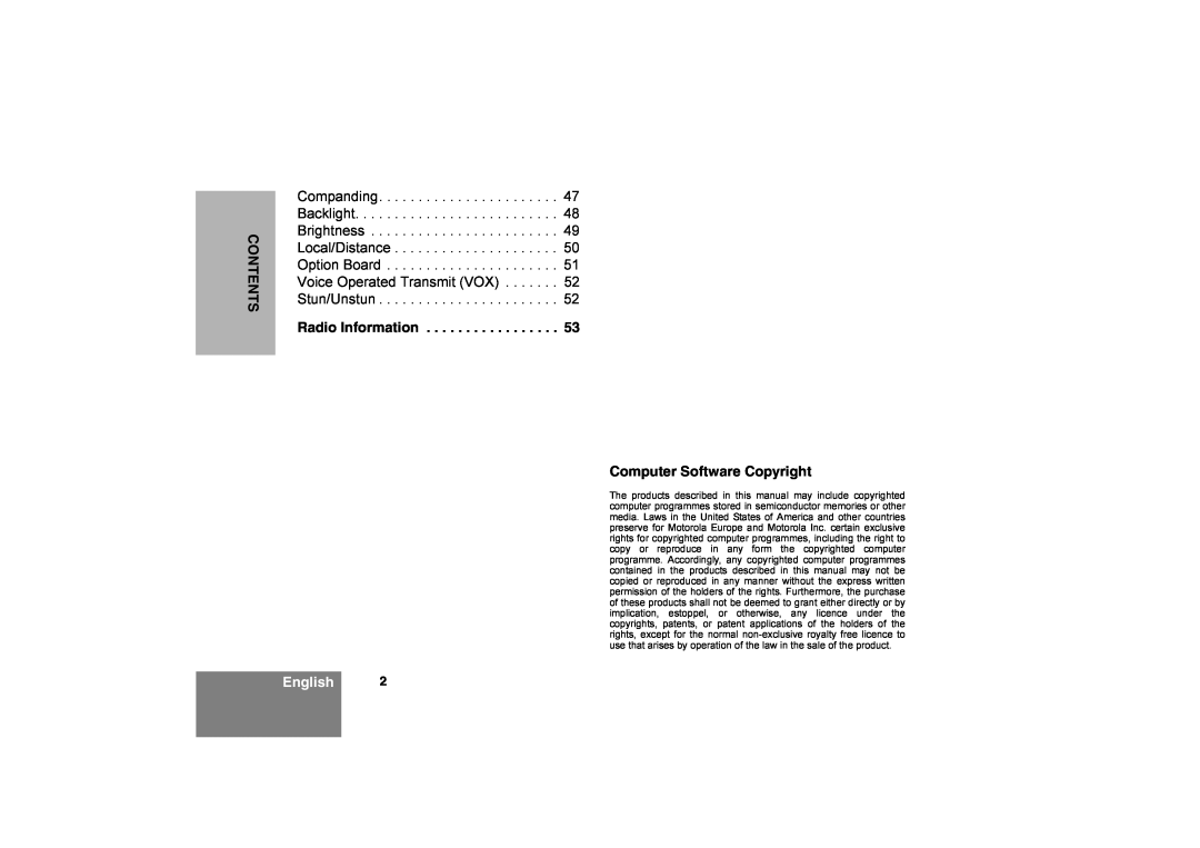 Motorola CM360 manual English, Contents, Computer Software Copyright 