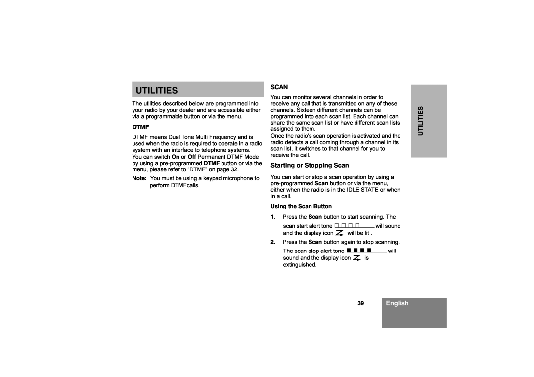 Motorola CM360 manual Utilities, 39English, Dtmf, Starting or Stopping Scan 
