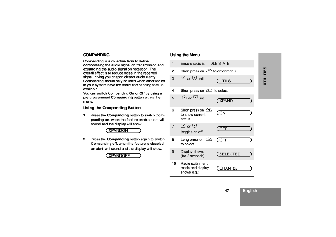 Motorola CM360 manual 47English, 7G or H, Using the Menu, Utilities, Using the Companding Button 