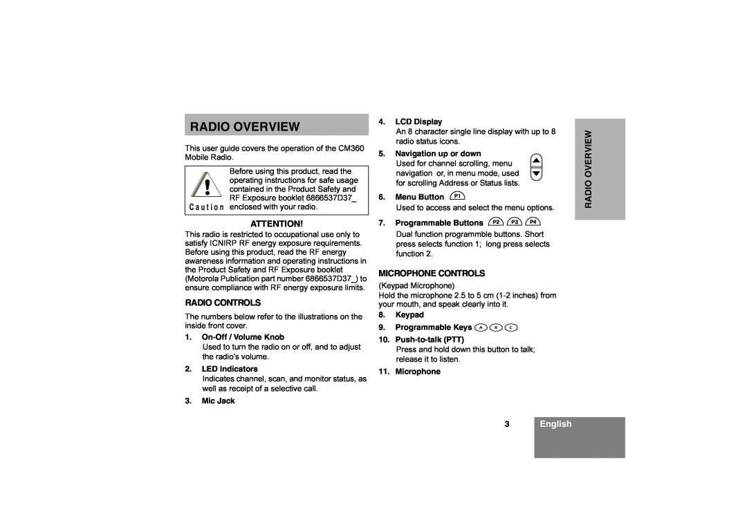 Motorola CM360 manual Radio Overview, 3English, Radio Controls, Microphone Controls 