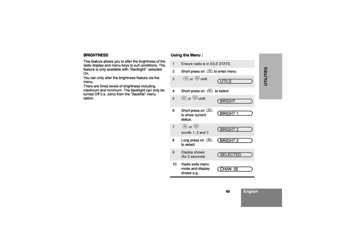 Motorola CM360 manual 49English, 7G or H, Brightness, Using the Menu, Utilities 