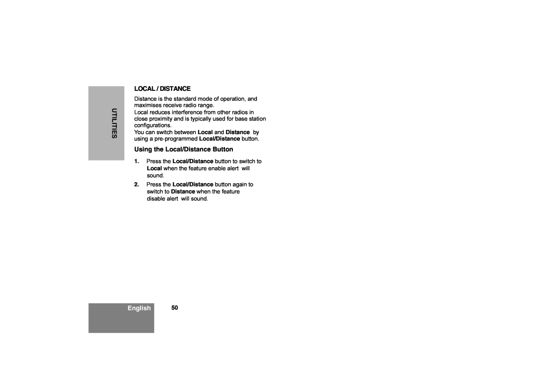 Motorola CM360 manual Utilities, Local / Distance, Using the Local/Distance Button, English 