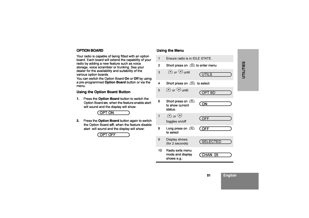 Motorola CM360 manual 51English, 7G or H, Using the Option Board Button, Using the Menu, Utilities 