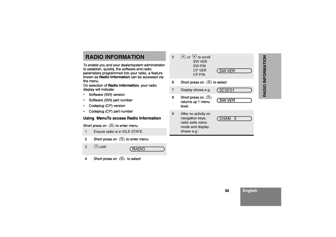 Motorola CM360 manual English, Using MenuTo access Radio Information 