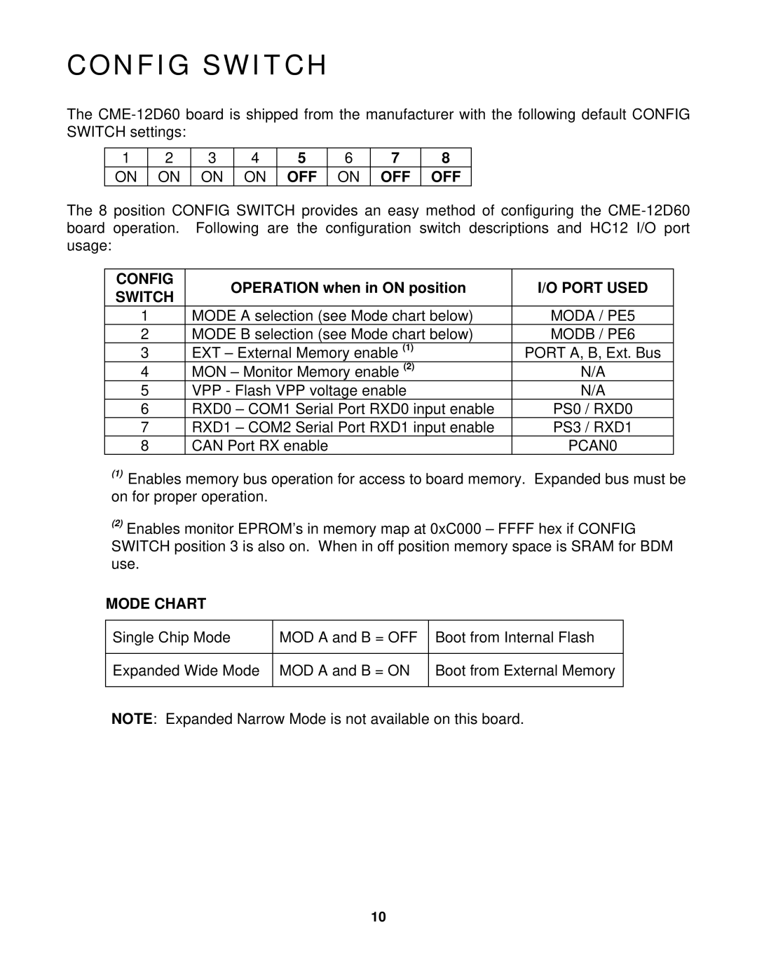 Motorola CME-12D60 manual Config Switch, Port Used, Mode Chart 