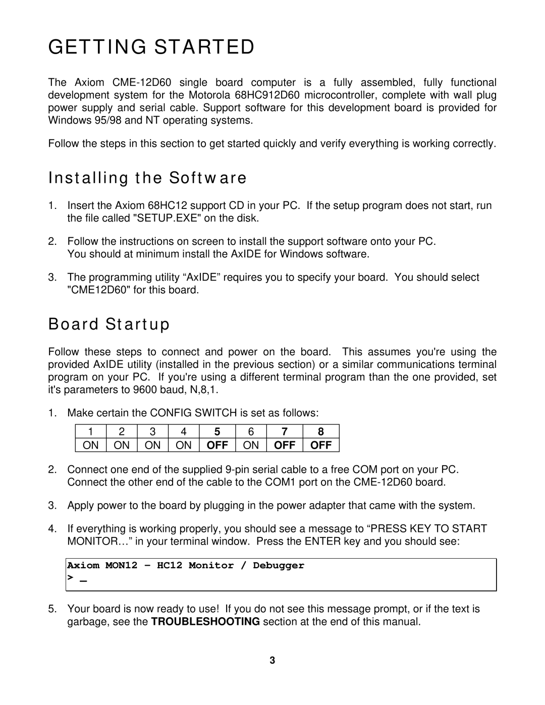 Motorola CME-12D60 manual Getting Started, Installing the Software, Board Startup, Off 