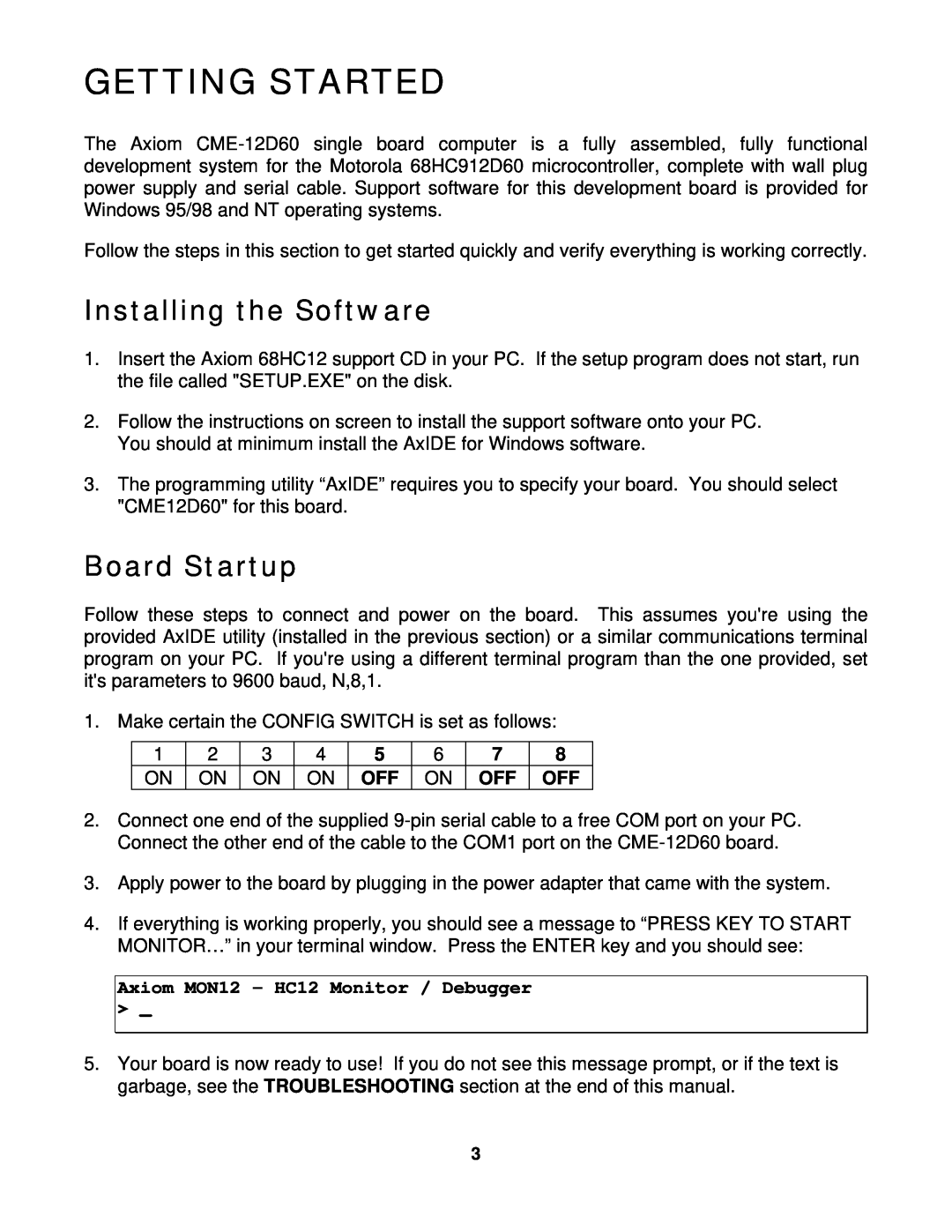 Motorola CME-12D60 manual Getting Started, Installing the Software, Board Startup 