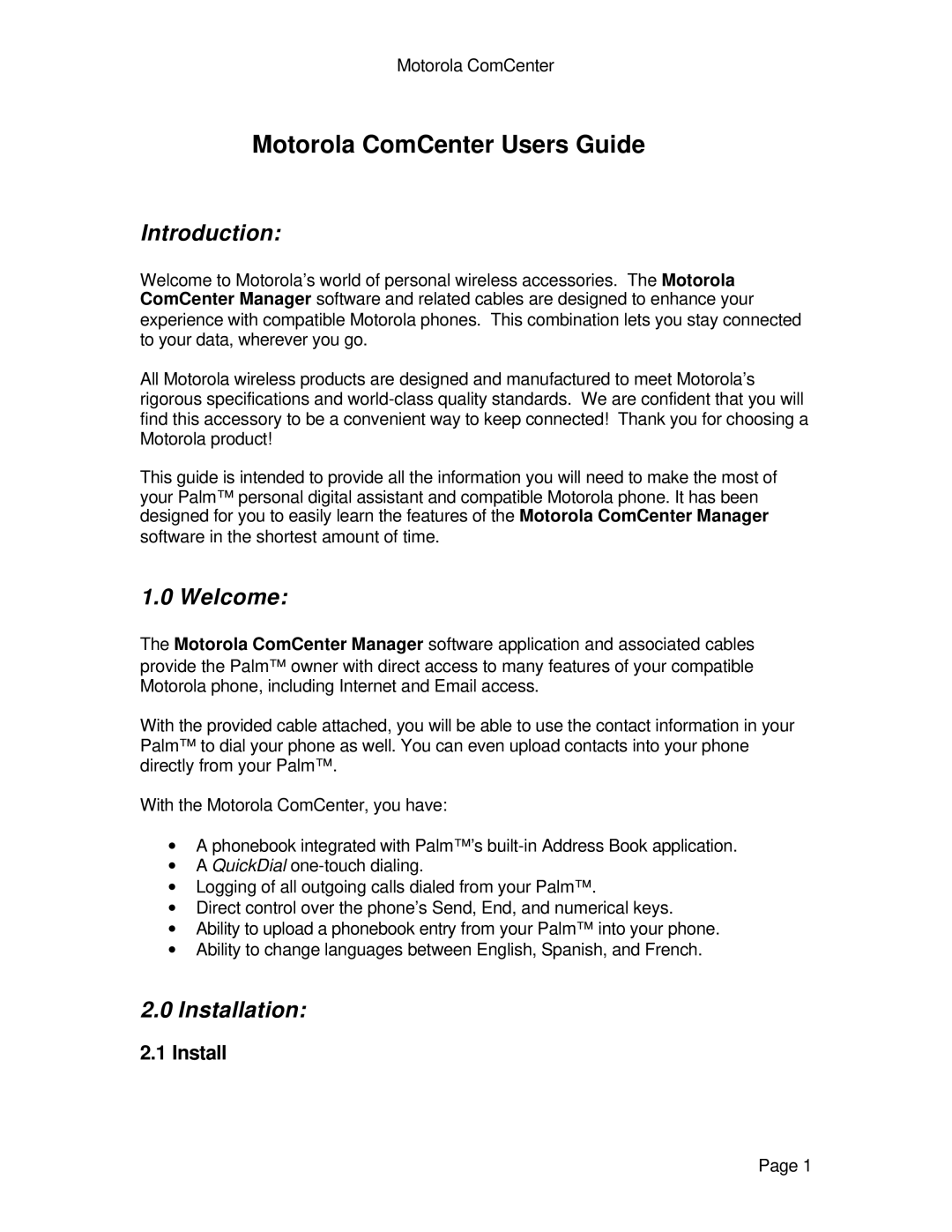 Motorola specifications Motorola ComCenter Users Guide, Install 