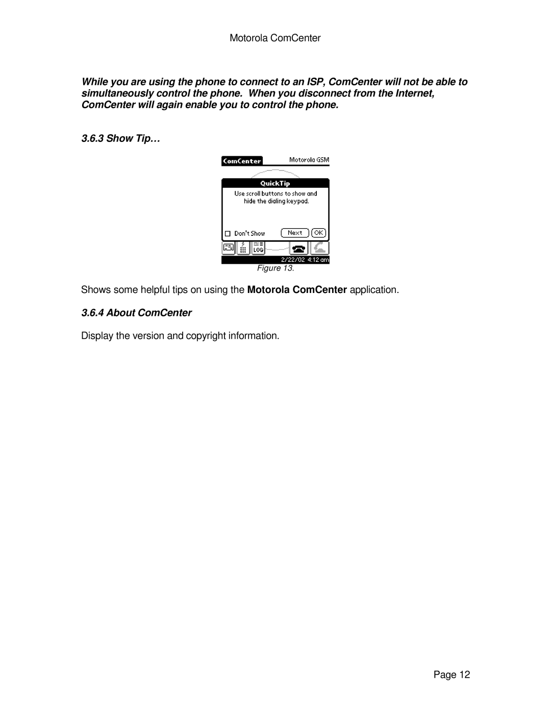 Motorola specifications About ComCenter 