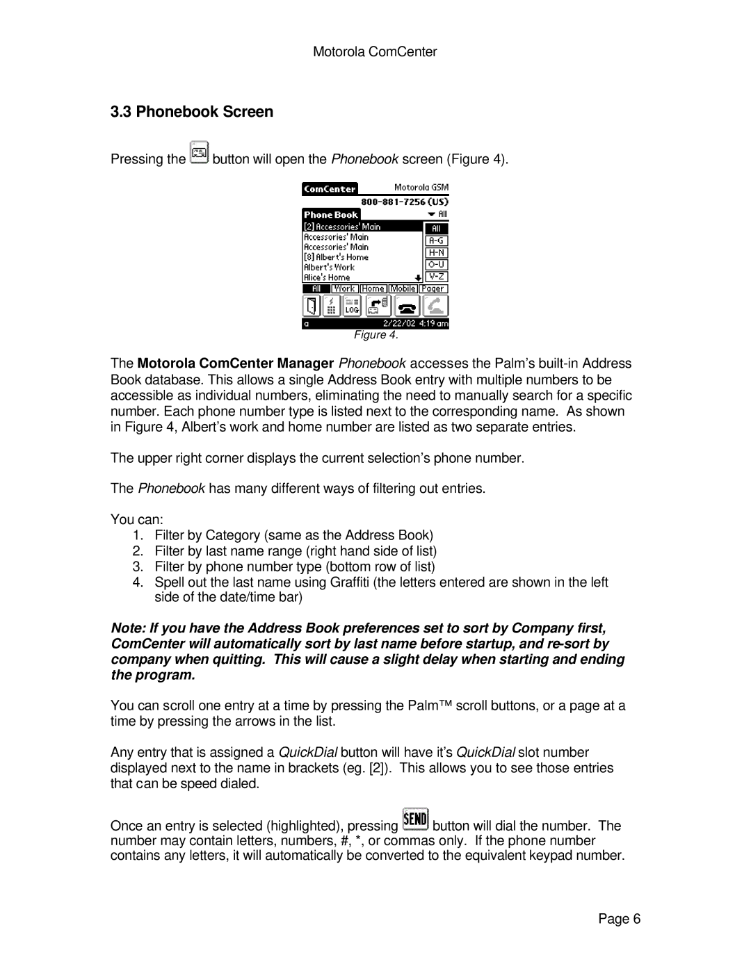 Motorola ComCenter specifications Phonebook Screen 