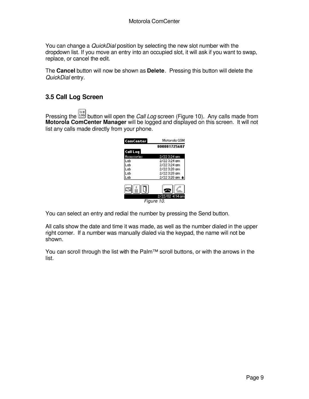 Motorola ComCenter specifications Call Log Screen 