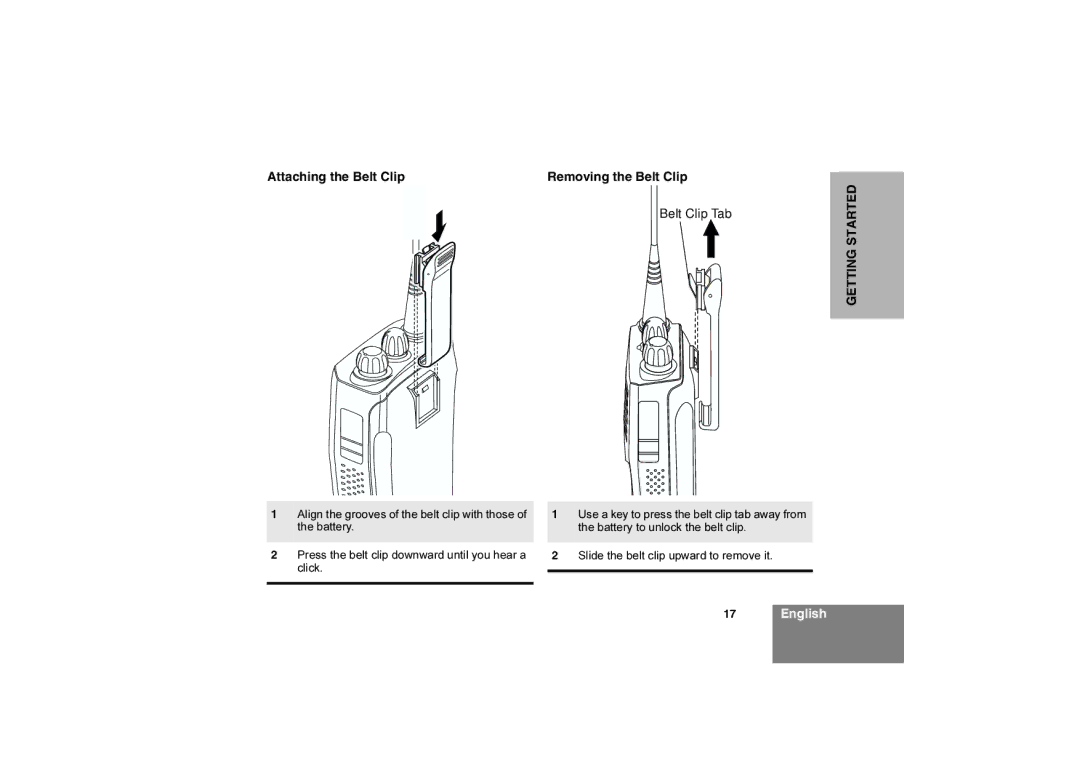 Motorola Commercial Series Radio CP160, 6866550D05-O manual Attaching the Belt Clip Removing the Belt Clip 