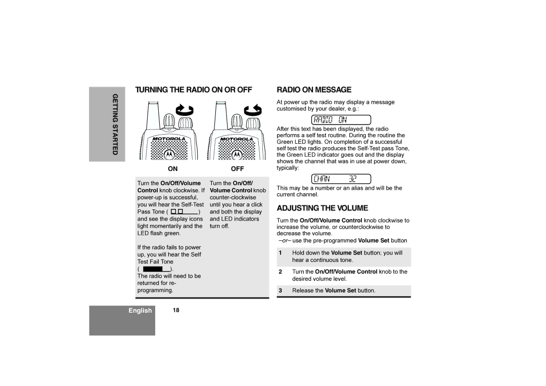 Motorola 6866550D05-O manual Turning the Radio on or OFF, Adjusting the Volume, Turn the On/Off/Volume 