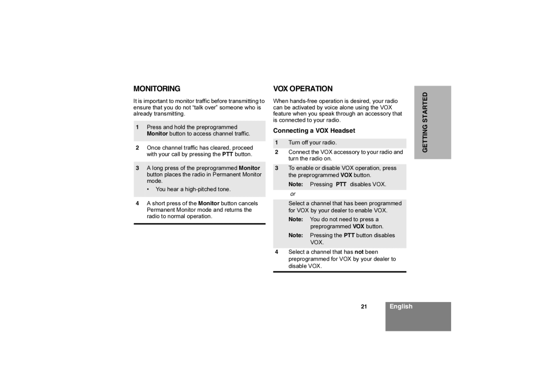 Motorola Commercial Series Radio CP160, 6866550D05-O manual Monitoring, VOX Operation, Connecting a VOX Headset 