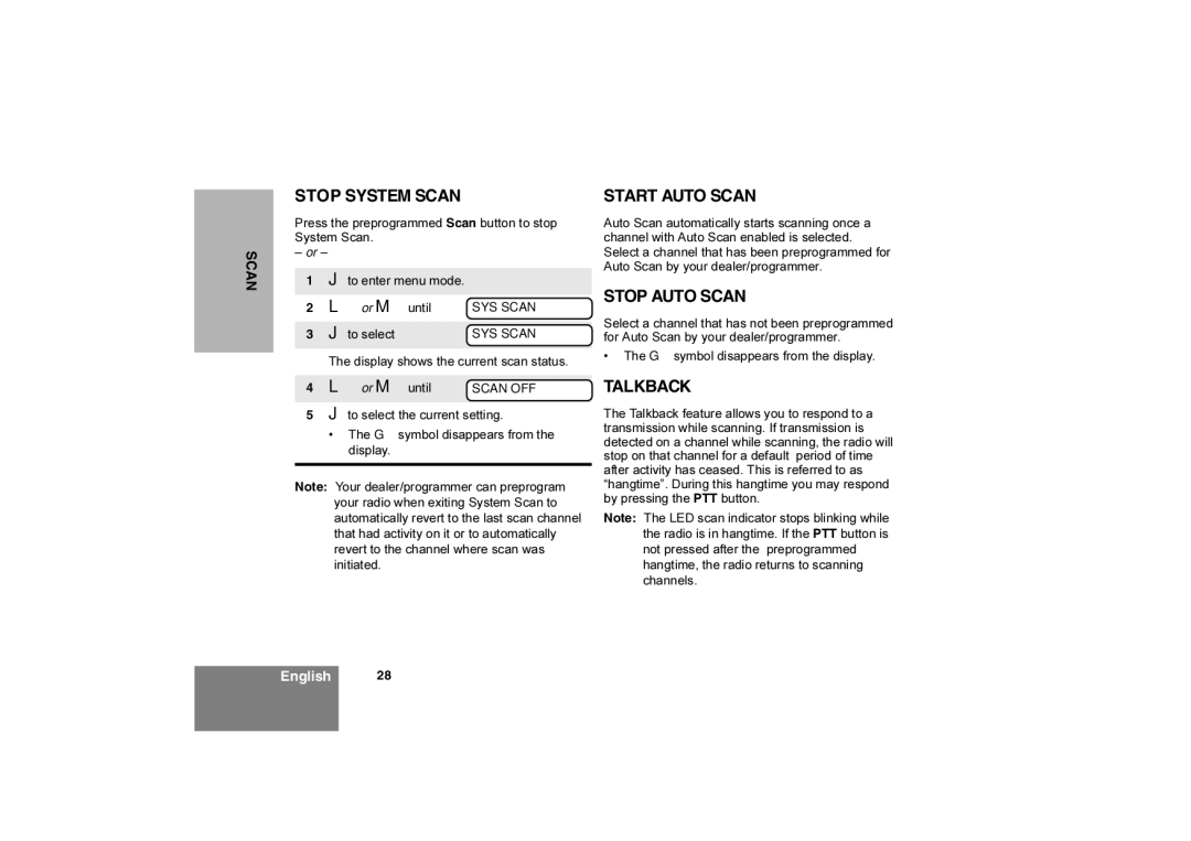 Motorola 6866550D05-O, Commercial Series Radio CP160 manual Stop System Scan, Start Auto Scan, Stop Auto Scan, Talkback 