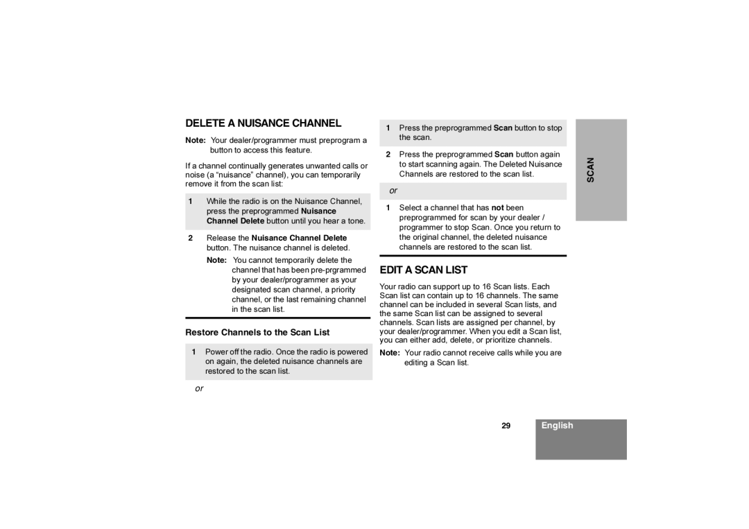 Motorola Commercial Series Radio CP160 Delete a Nuisance Channel, Edit a Scan List, Restore Channels to the Scan List 