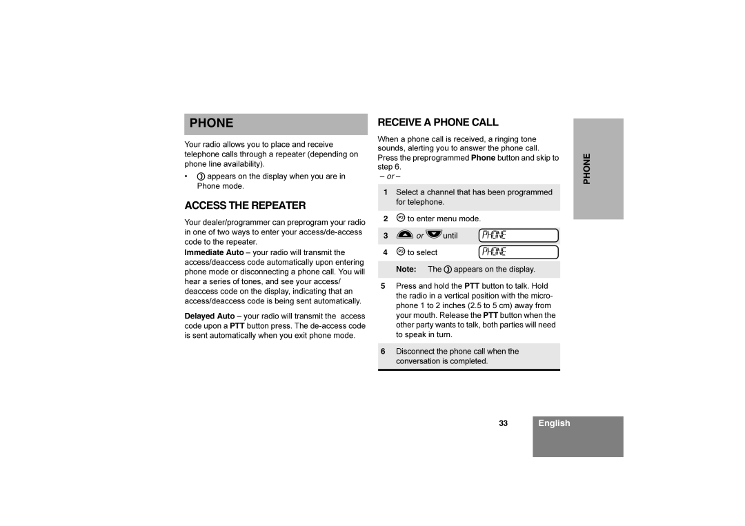 Motorola Commercial Series Radio CP160, 6866550D05-O manual Access the Repeater, Receive a Phone Call 