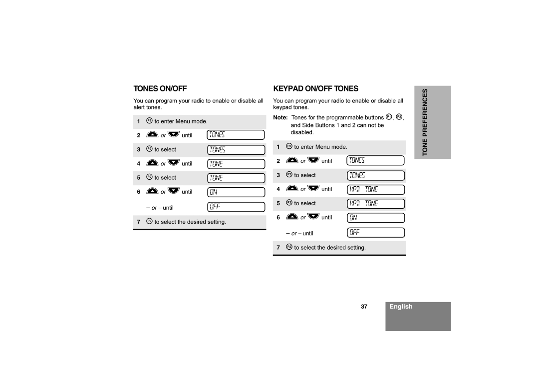 Motorola Commercial Series Radio CP160, 6866550D05-O manual Tones ON/OFF, Keypad ON/OFF Tones 