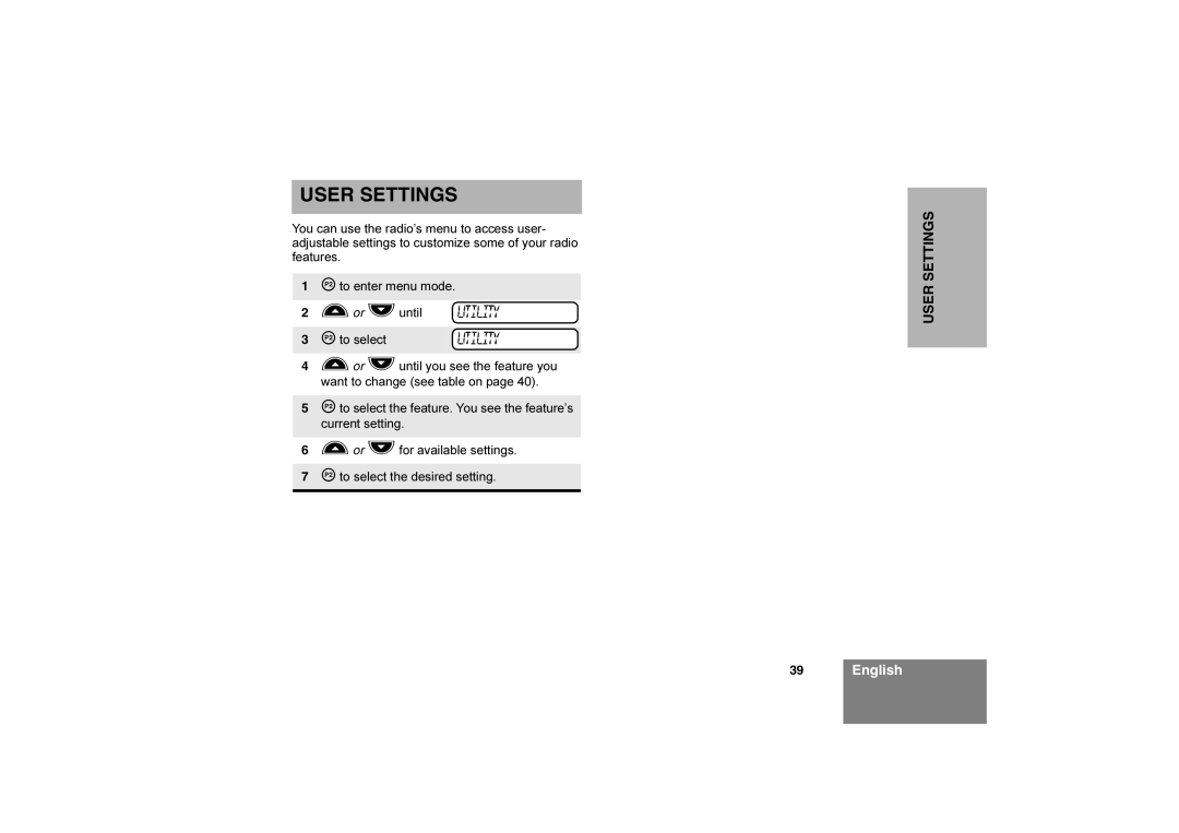 Motorola Commercial Series Radio CP160, 6866550D05-O manual User Settings 