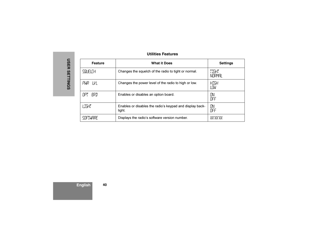 Motorola 6866550D05-O, Commercial Series Radio CP160 manual Utilities Features, Feature What it Does Settings 