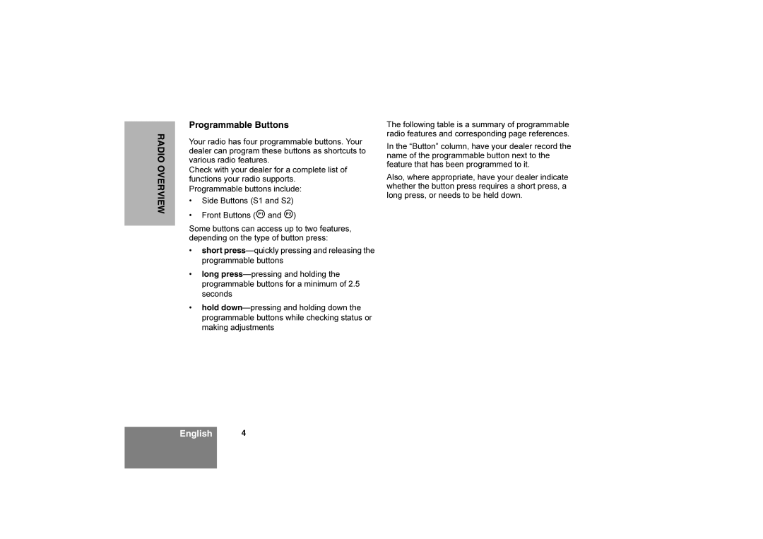 Motorola 6866550D05-O, Commercial Series Radio CP160 manual Radio Overview, Programmable Buttons 