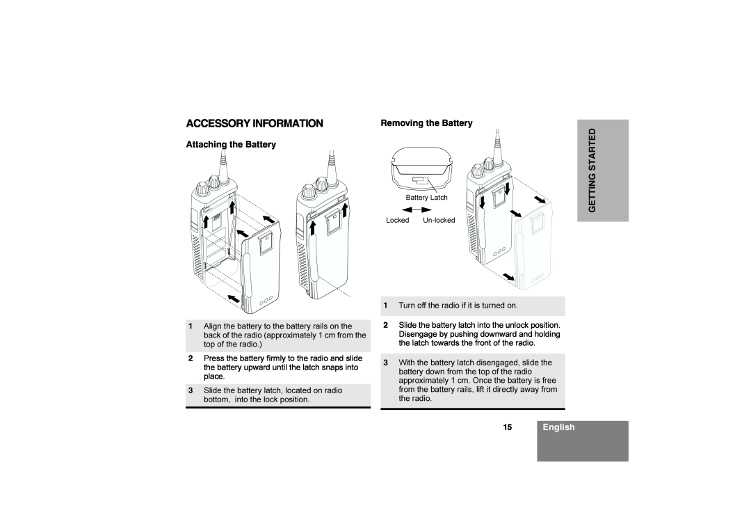 Motorola Commercial Series Radio CP160 manual Accessory Information, 15English, Removing the Battery, Attaching the Battery 