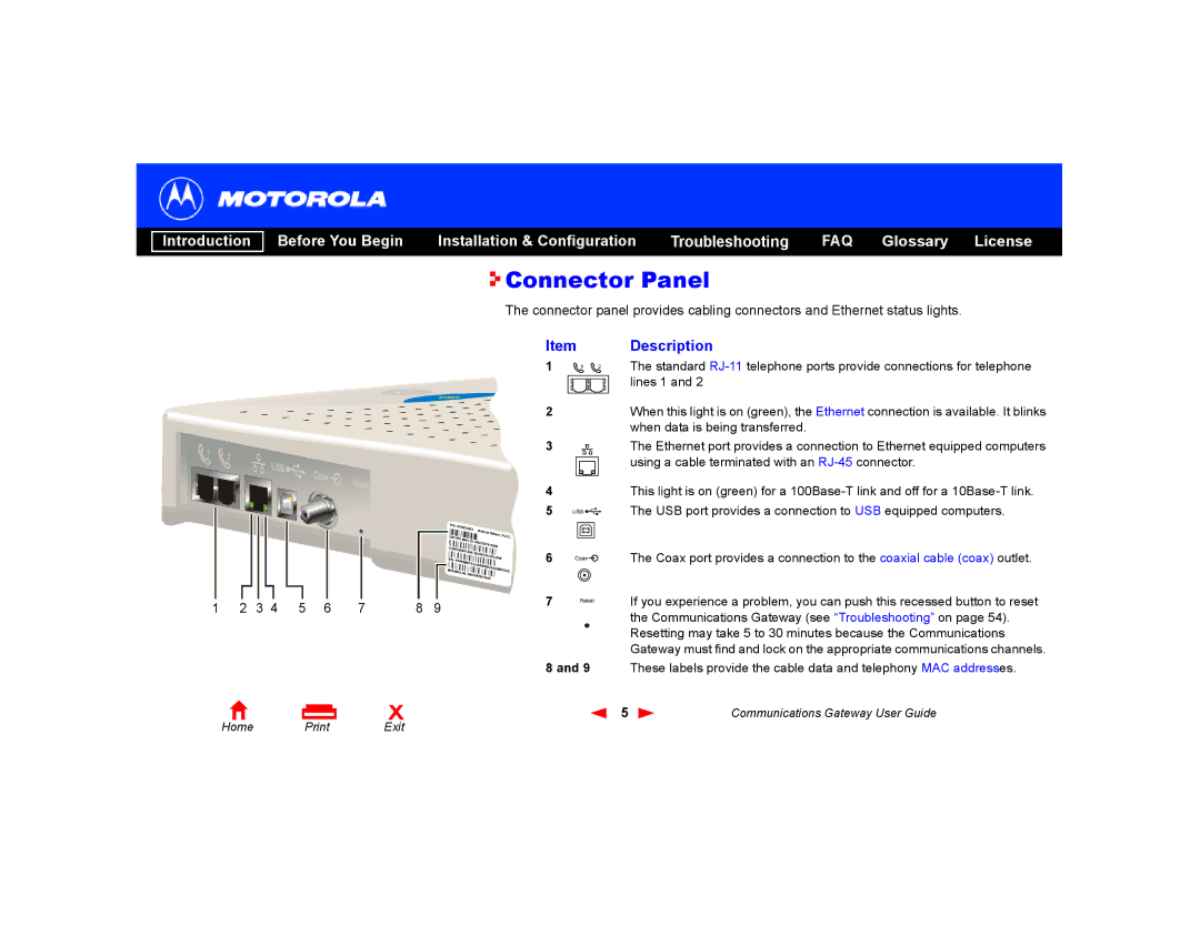 Motorola Communications Gateway manual Connector Panel 