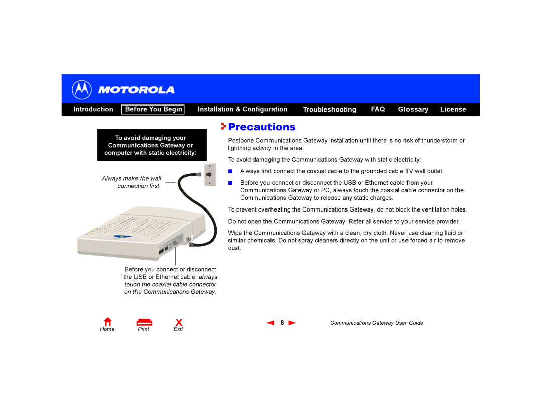 Motorola Communications Gateway manual Precautions, Always make the wall connection first 