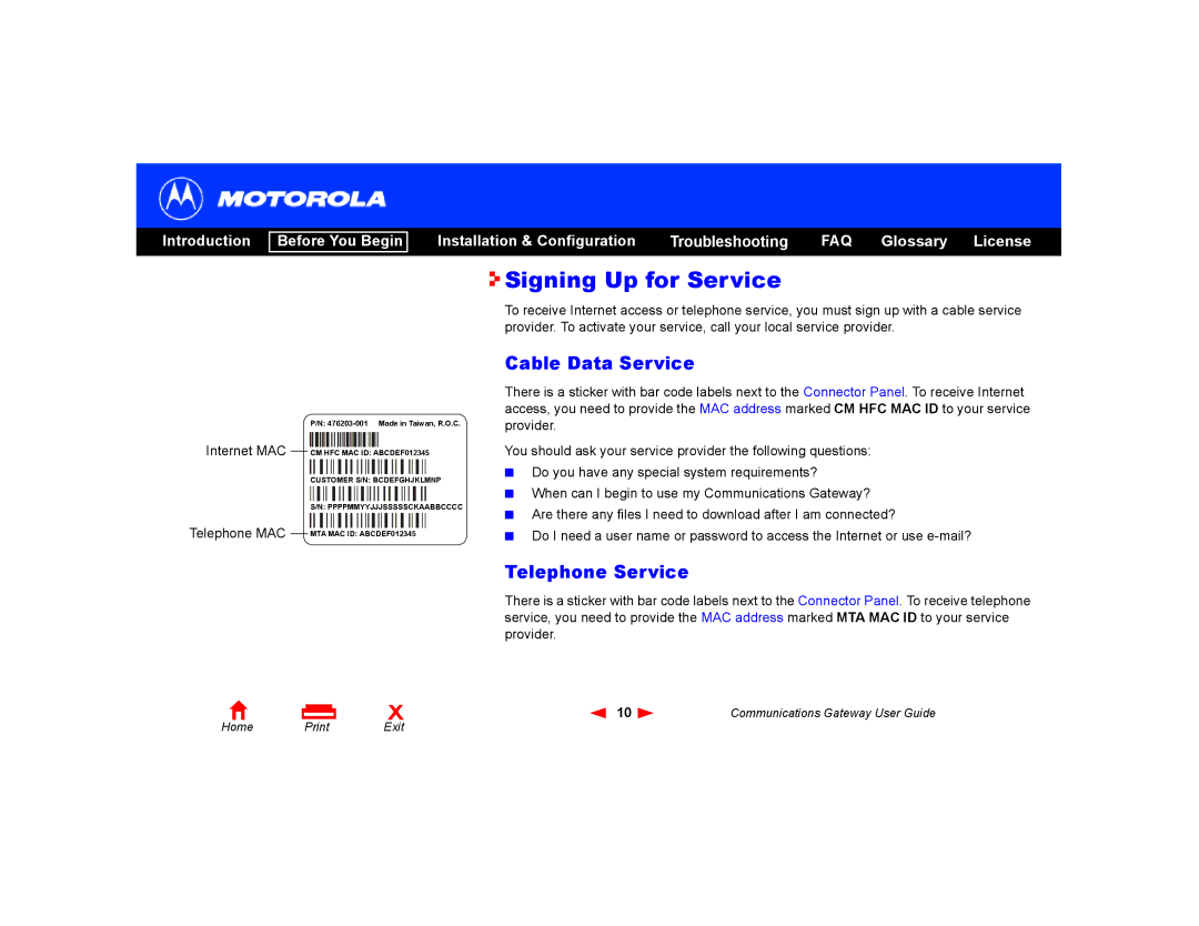 Motorola Communications Gateway manual Signing Up for Service, Cable Data Service, Telephone Service 