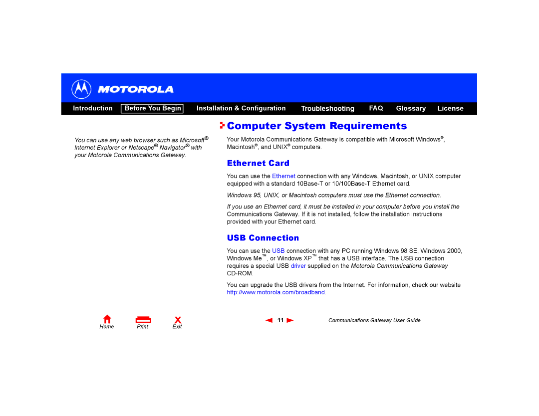 Motorola Communications Gateway manual Computer System Requirements, Ethernet Card, USB Connection 