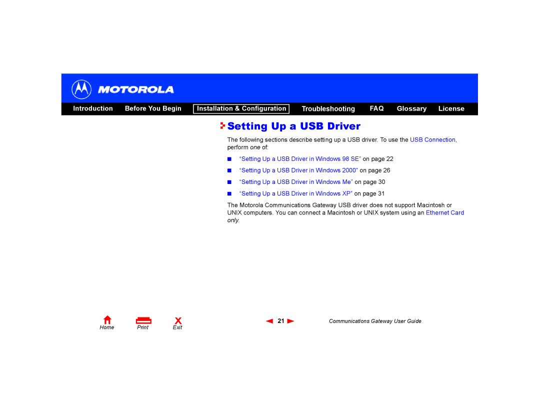 Motorola Communications Gateway manual Setting Up a USB Driver 