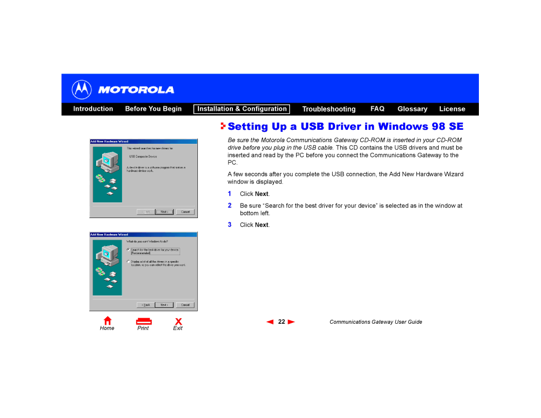 Motorola Communications Gateway manual Setting Up a USB Driver in Windows 98 SE 