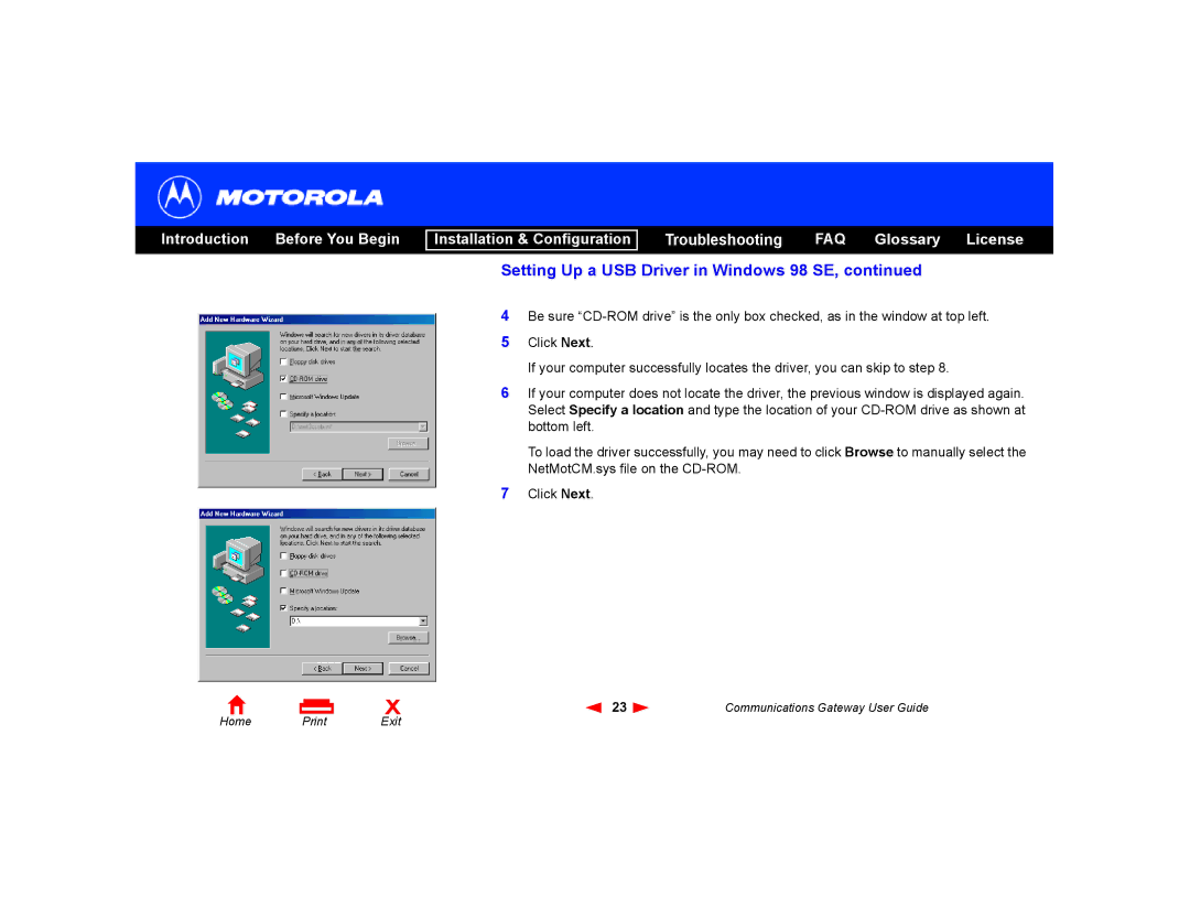 Motorola Communications Gateway manual Setting Up a USB Driver in Windows 98 SE 