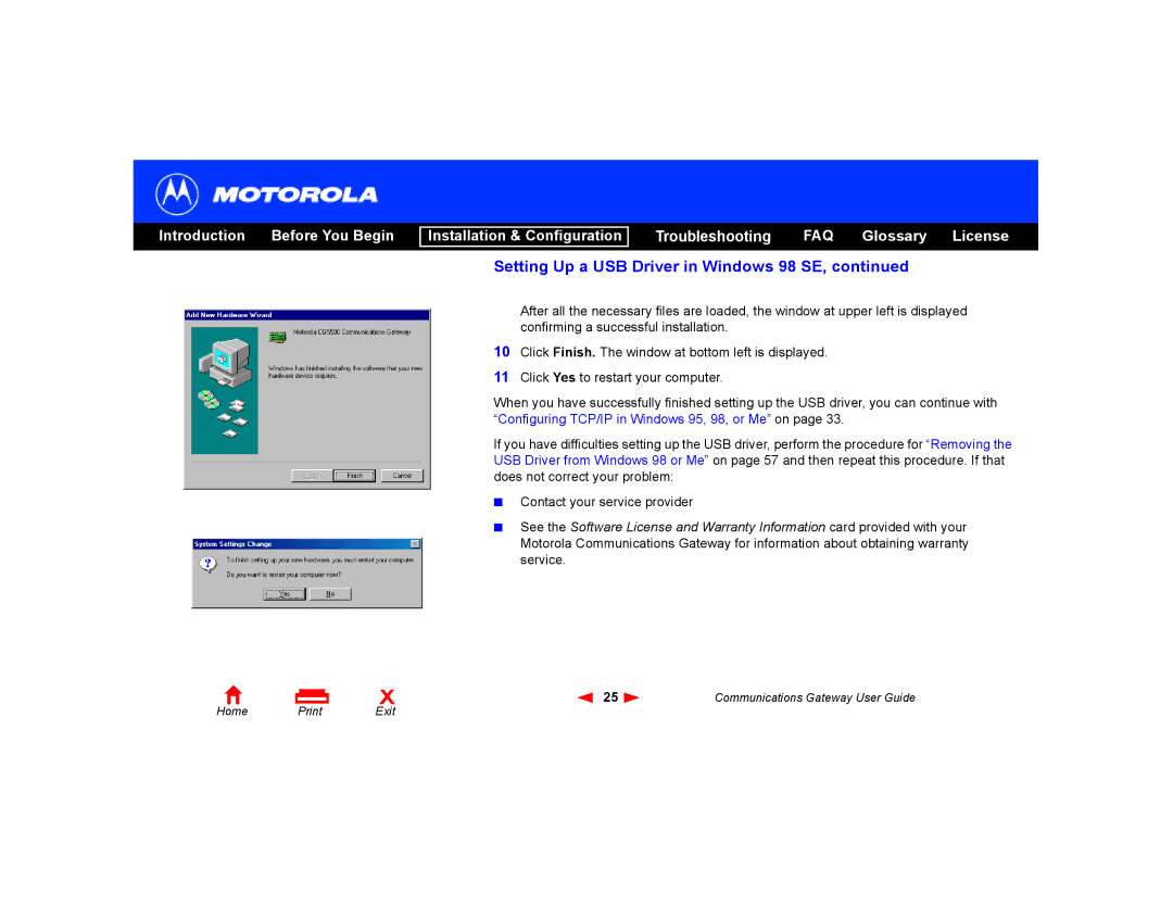 Motorola Communications Gateway manual Setting Up a USB Driver in Windows 98 SE 