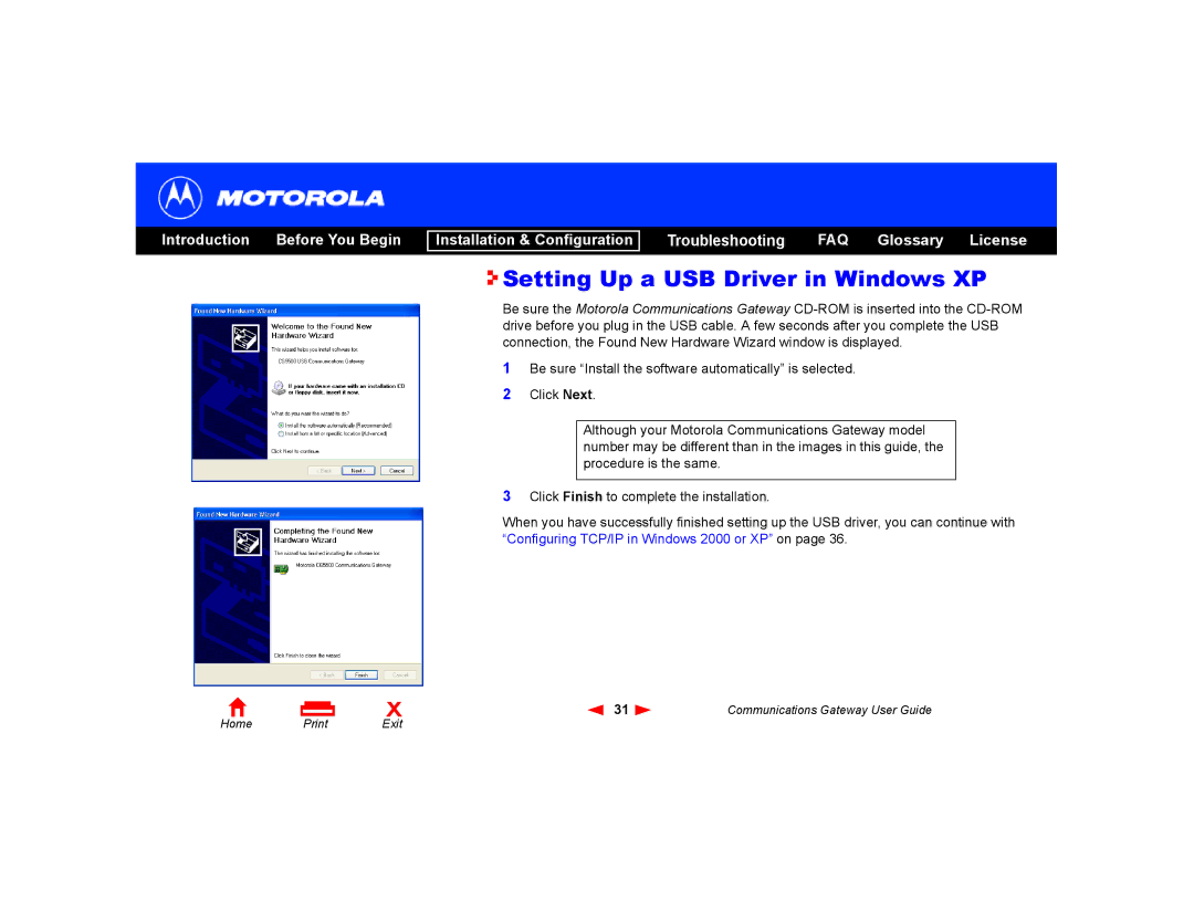 Motorola Communications Gateway manual Setting Up a USB Driver in Windows XP 