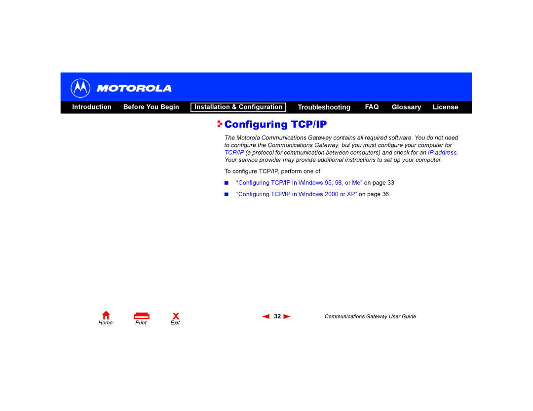 Motorola Communications Gateway manual Configuring TCP/IP 