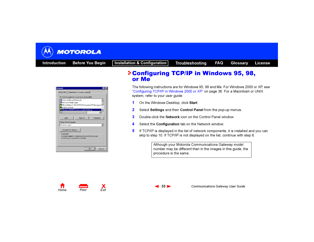 Motorola Communications Gateway manual Configuring TCP/IP in Windows 95, 98, or Me 