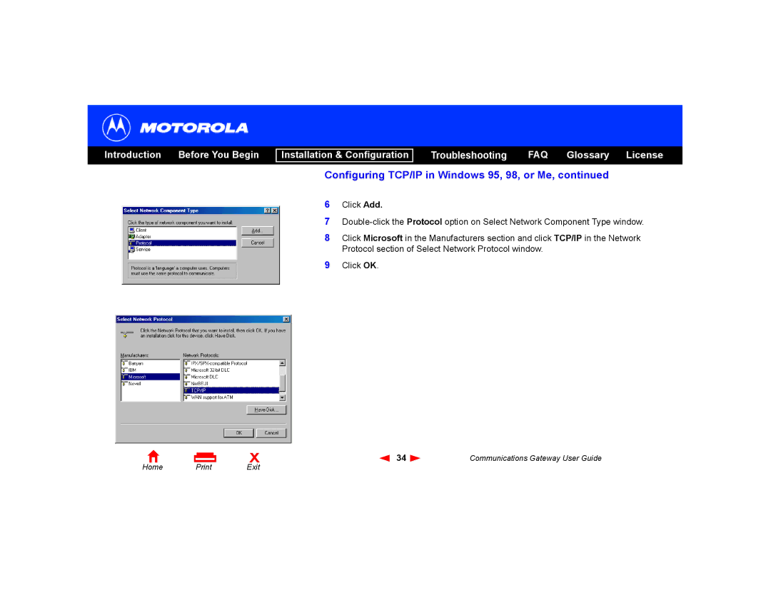 Motorola Communications Gateway manual Configuring TCP/IP in Windows 95, 98, or Me 