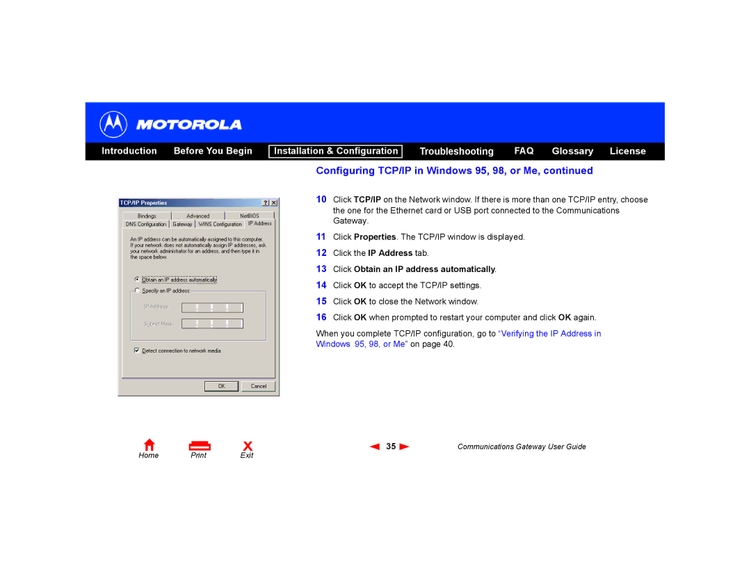 Motorola Communications Gateway manual Click Obtain an IP address automatically 